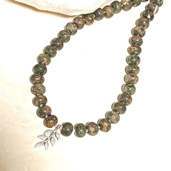 Cute Unakite Stone Silver Leaf Branch Necklace, Genuine Gemstone Beaded Necklace - Picture 4 of 9
